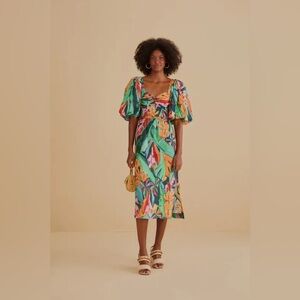 Farm Rio Multicolor Banana Foliage Puff Sleeve Midi Dress